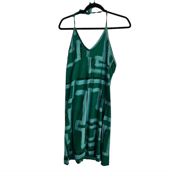 🎉HP🎉 *Rare* Desigual Halter Mini Dress Green Inspirational Sayings size Small - Picture 4 of 11